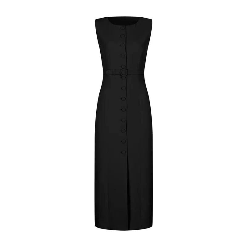 Robe Longue Femme – Décontractée, Unie, Sans Manches, Col Rond, Taille Cintrée  Lacets, Boutonnage, Chic