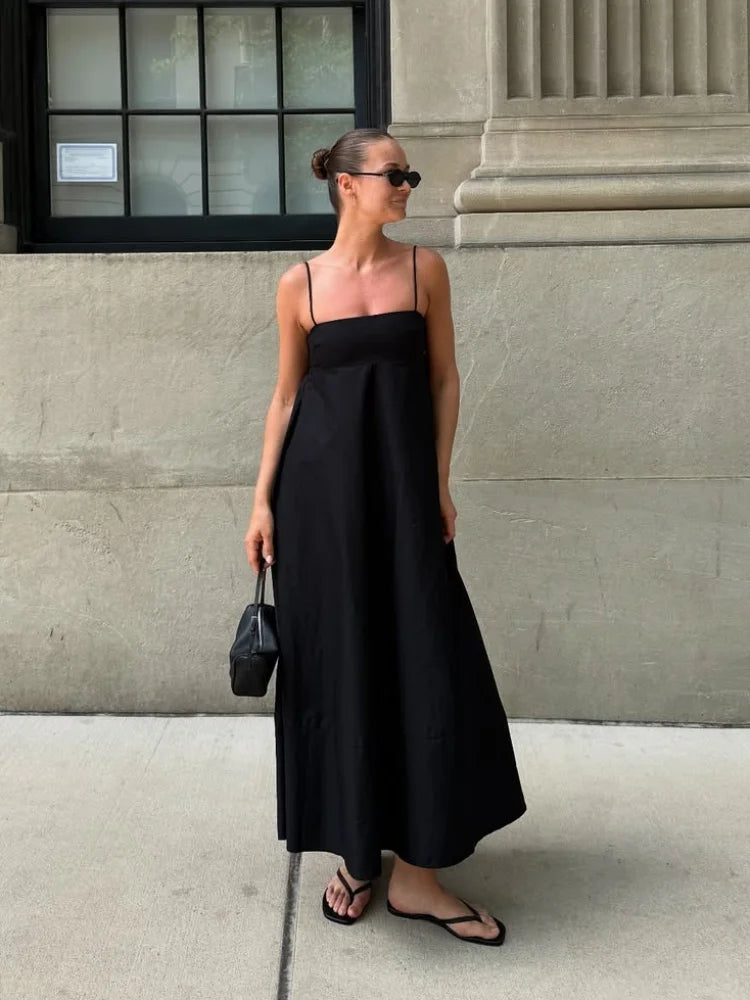 Robe Longue Noire Dos Nu Femme – Décontractée Chic, Ample, Taille Haute, Col Carré, Vacances Été