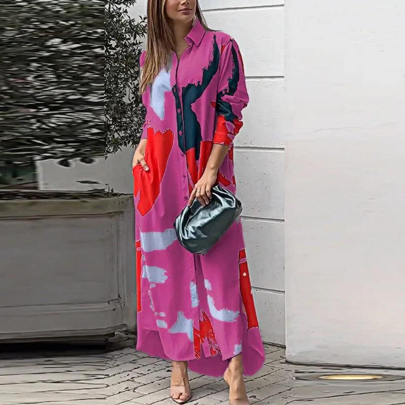 Robe Irrégulière Imprimé Avec Poche Longue Chemise À Poitrine Simple