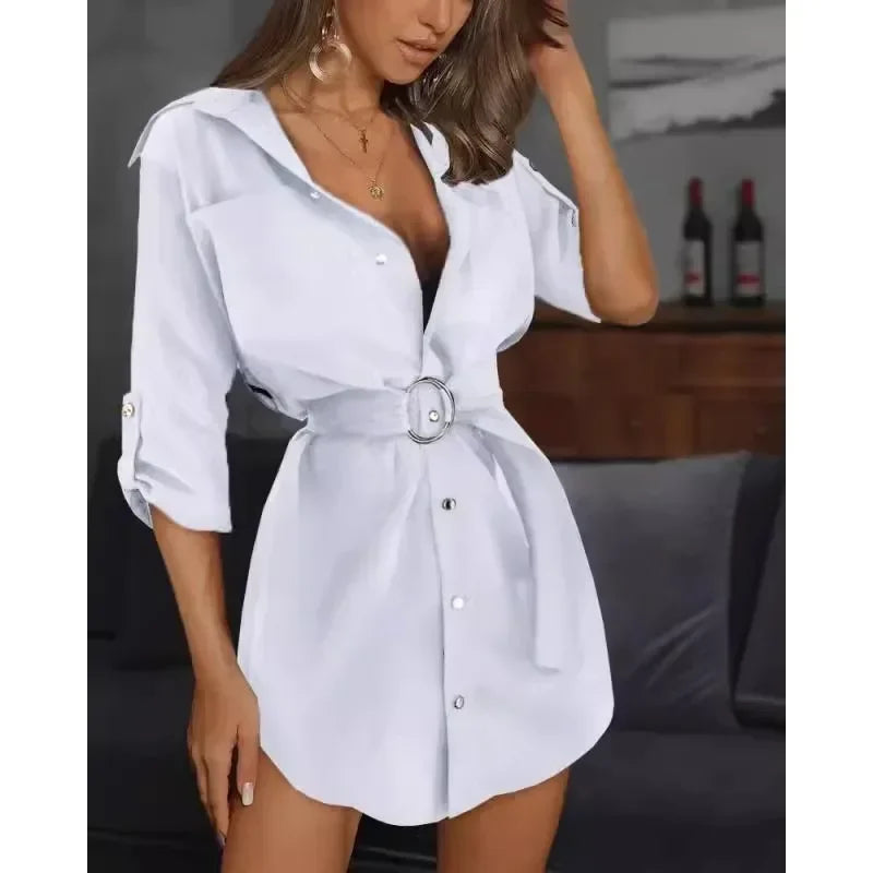 Robe Chemise à Manches Retroussées Polyvalente Mais à La Mode