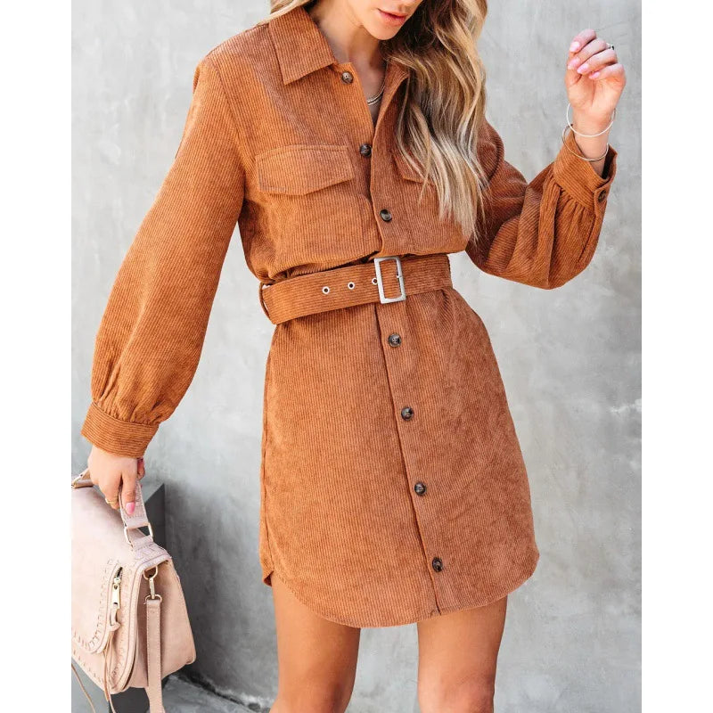 Robe Femme Velours Côtelé – Manches Longues Automne Hiver