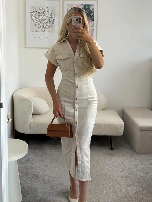 Robe longue en Denim à revers blanc Chic, décontractée, simple boutonnage, manches courtes