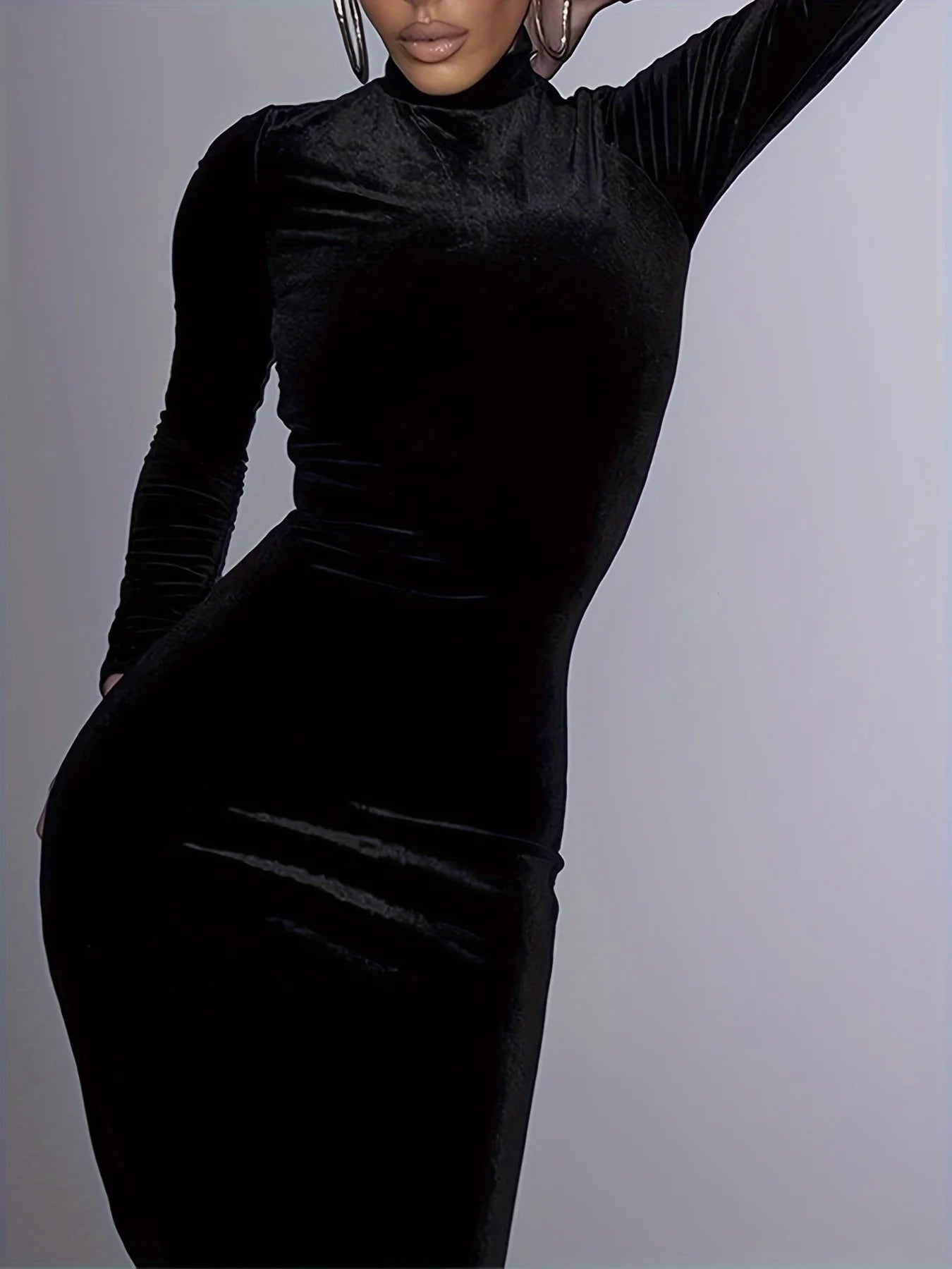 Robe Manches Longues Demi Col Haut Sexy Haut Serré Velours Fourreau