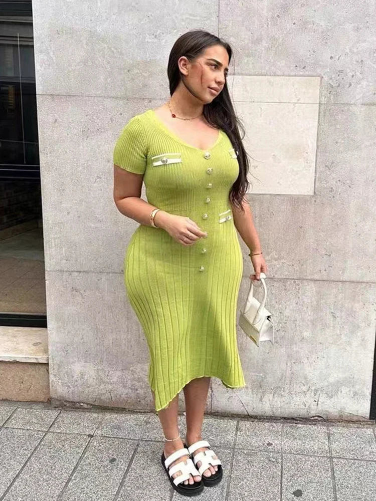 Robe longue tricotée élégante tenue de bureau, manches courtes, col en V, simple boutonnage, moulante