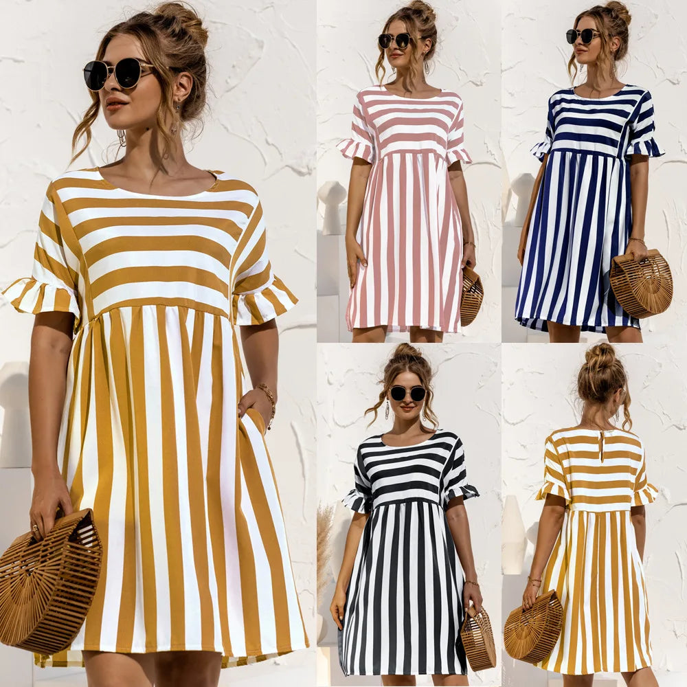 Robe de plage à rayures, manches à volants, soirée de grossesse