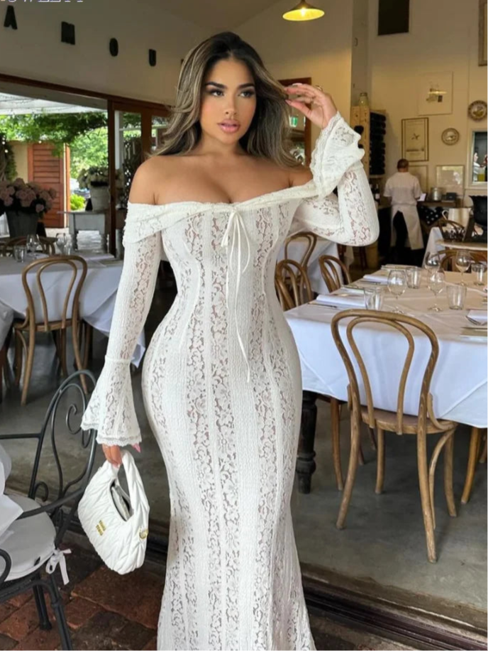 Robe de Soirée Transparente à Lacets , Tenue Sexy, Ajourée, Manches Évasées, Enveloppée sur la Poitrine