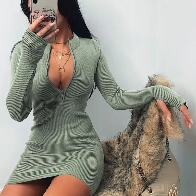Robe Moulante Tricotée – Demi Fermeture Éclair, Manches Longues Printemps Automne