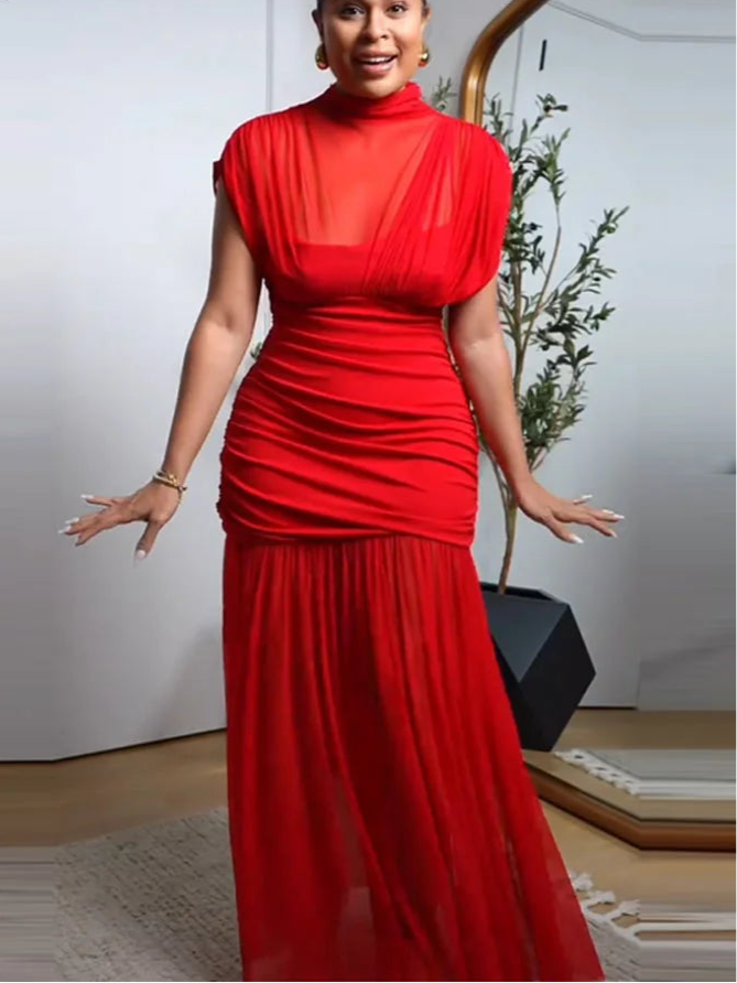 Robe Longue Rouge en Maille Transparente