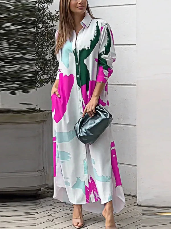 Robe Irrégulière Imprimé Avec Poche Longue Chemise À Poitrine Simple