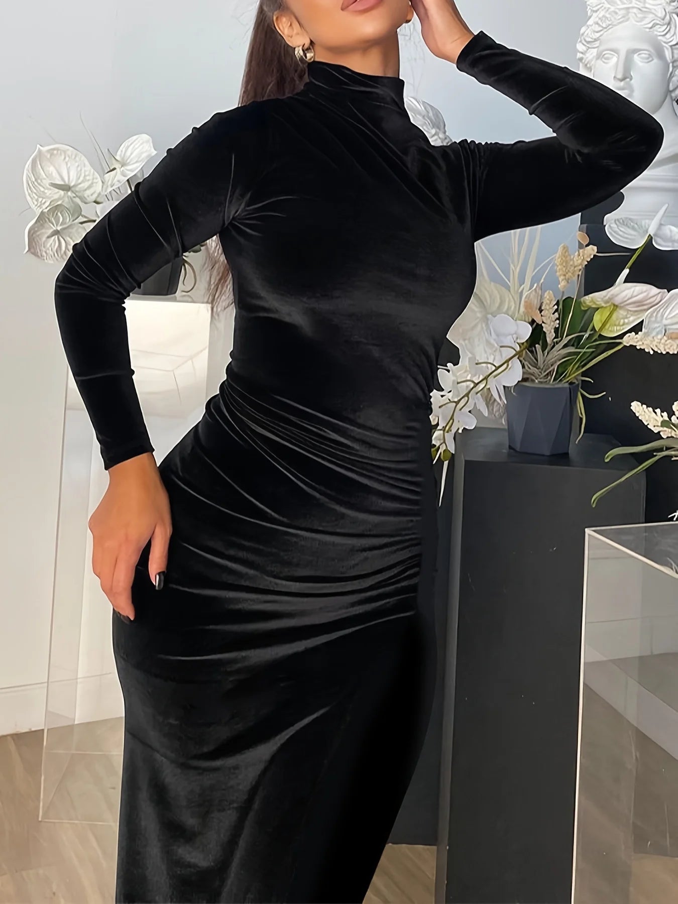 Robe Manches Longues Demi Col Haut Sexy Haut Serré Velours Fourreau