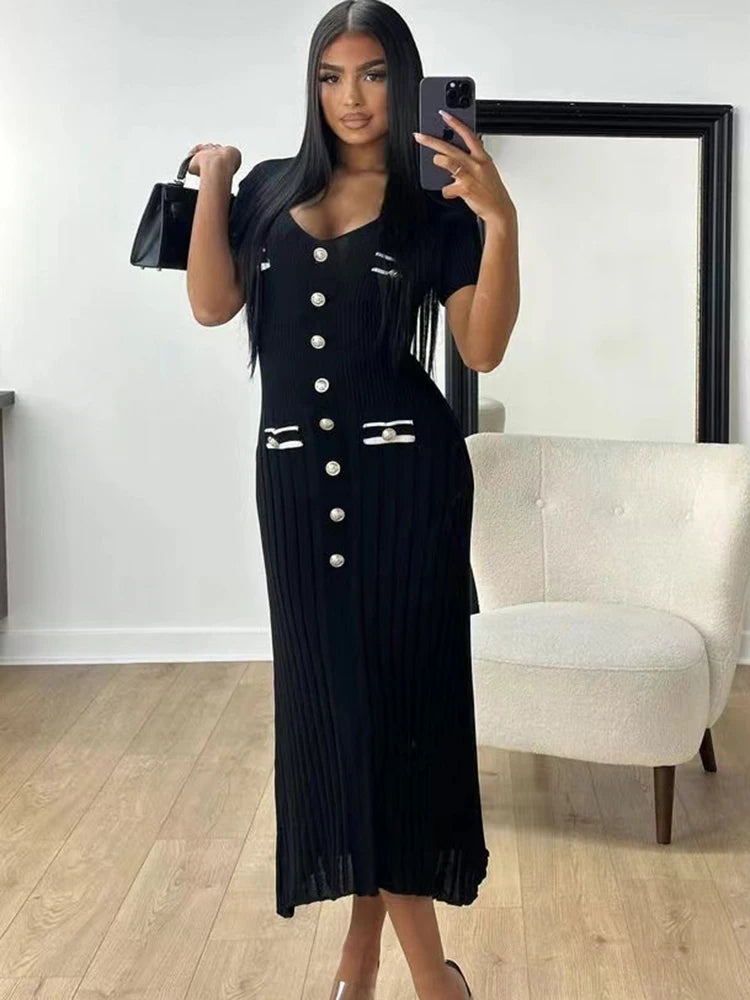 Robe longue tricotée élégante tenue de bureau, manches courtes, col en V, simple boutonnage, moulante