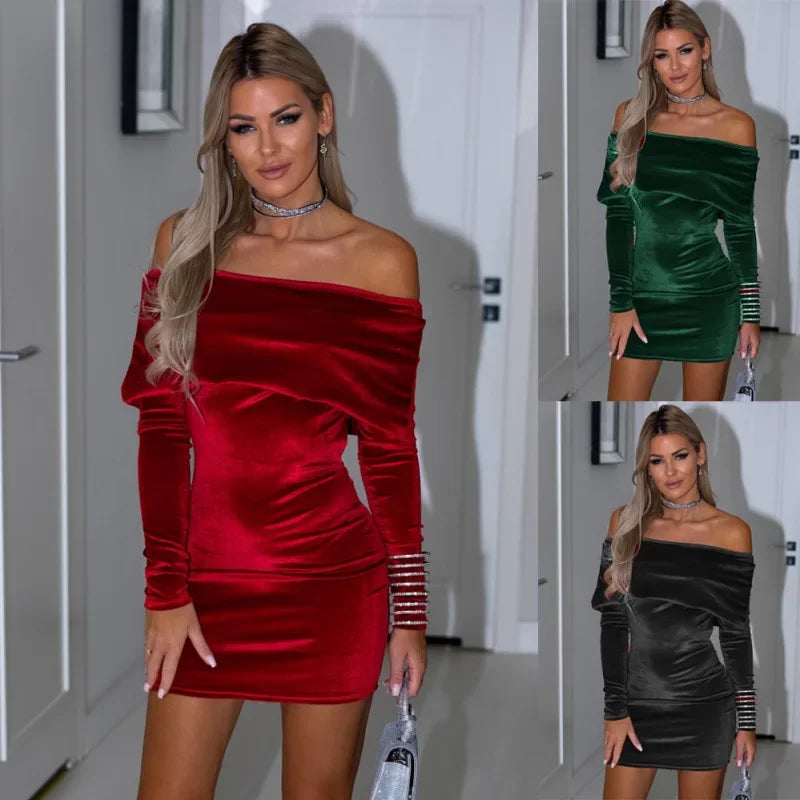 Robe sexy manche longue  Sans Bretelles Serré Dos Velours De Soie