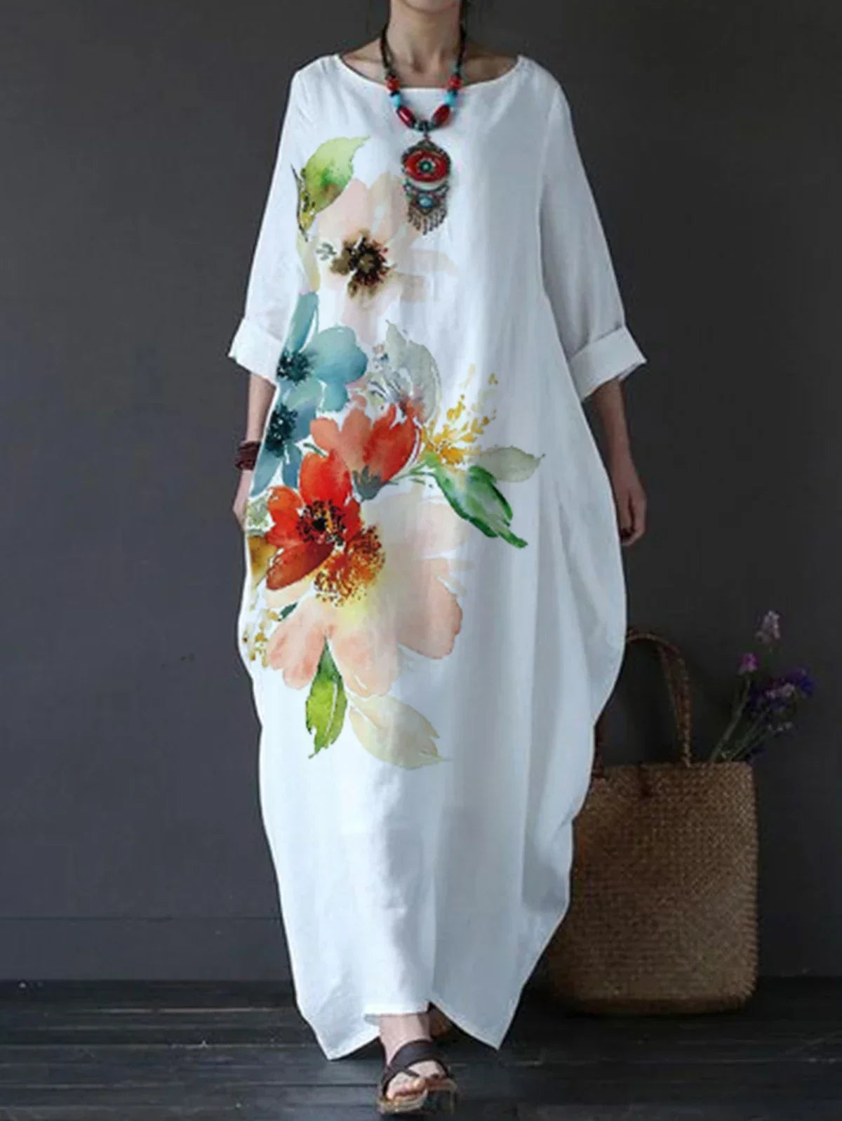 Robe Longue À Manches Courtes Col Rond Vintage Floral Imprimé Été