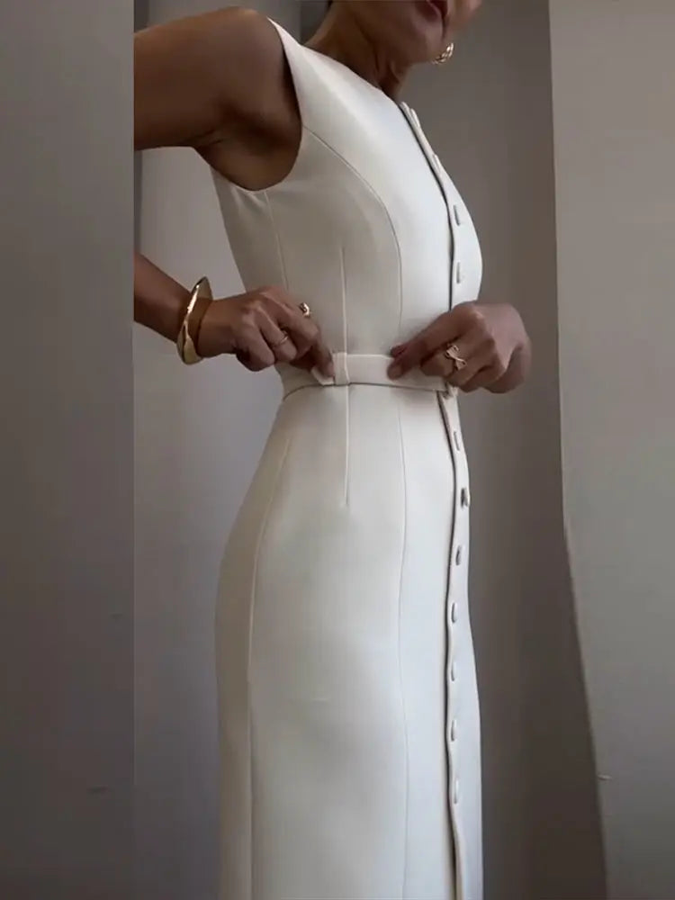 Robe Longue Femme – Décontractée, Unie, Sans Manches, Col Rond, Taille Cintrée  Lacets, Boutonnage, Chic