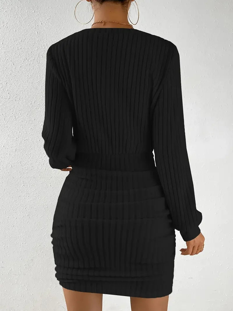 Robe Pull Femme Col V – Mini Robe Tricotée Moulante Automne Hiver