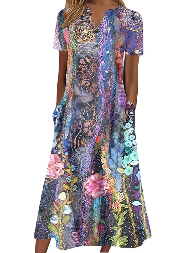 Robe V-Neck Bouton Manches Courtes  Elégant D’été Imprimé