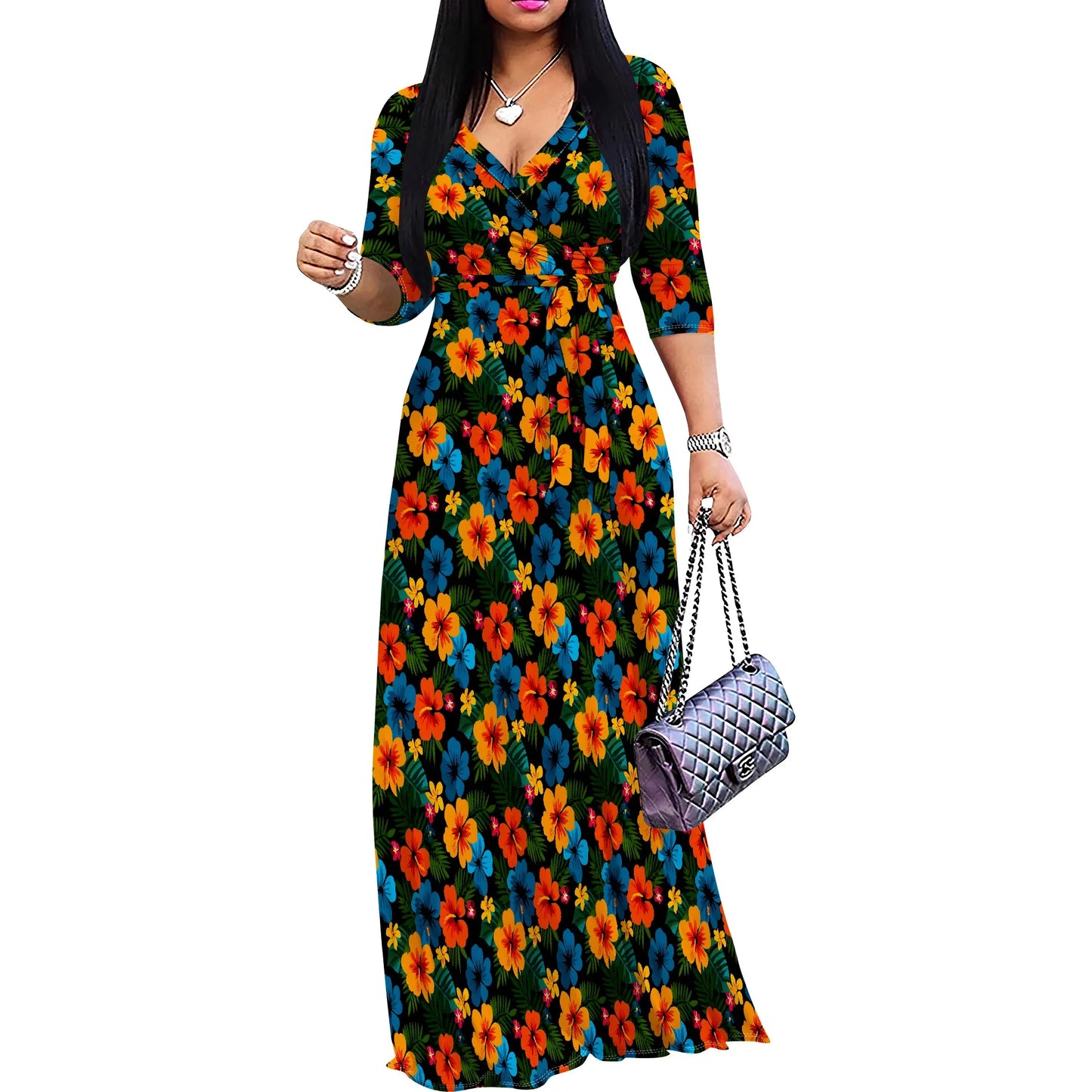 Robe portefeuille à feuilles tropicales rose vert imprimé col en v