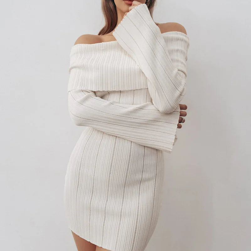 Robe Tricotée Blanche Femme – Épaules Dénudées, Dos Nu, Sexy & Élégante Automne 2025