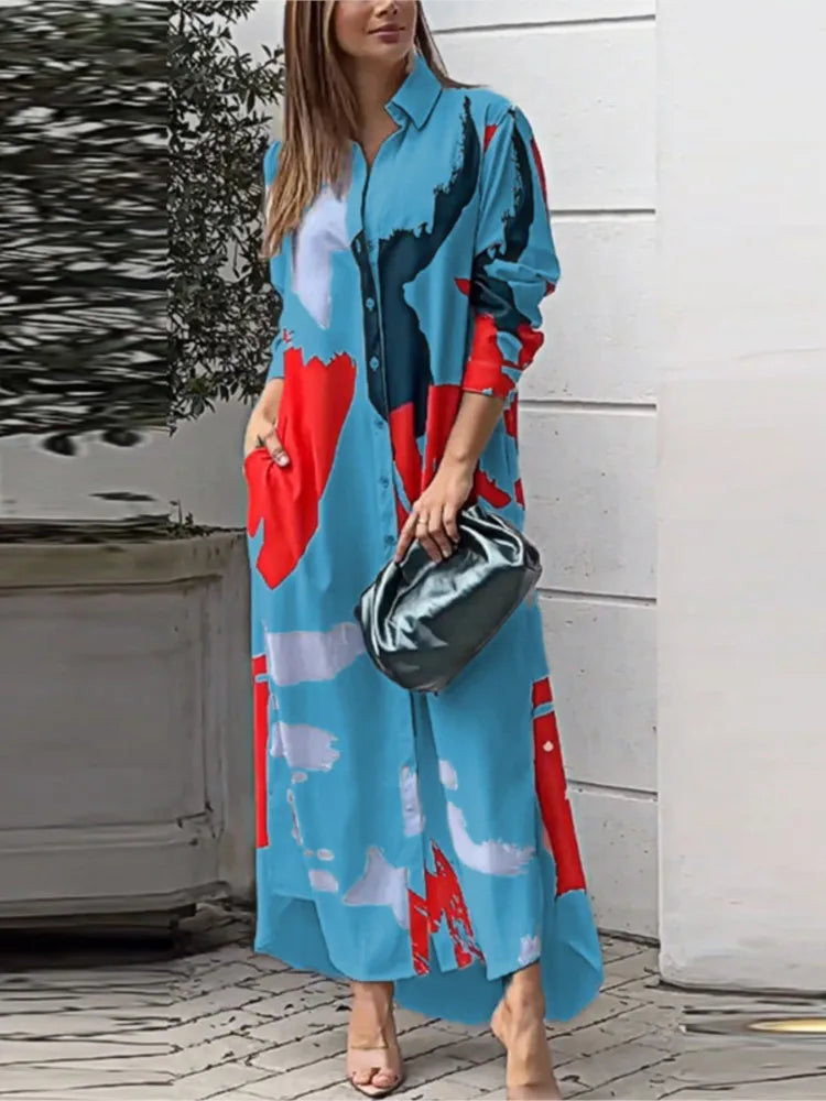 Robe Irrégulière Imprimé Avec Poche Longue Chemise À Poitrine Simple