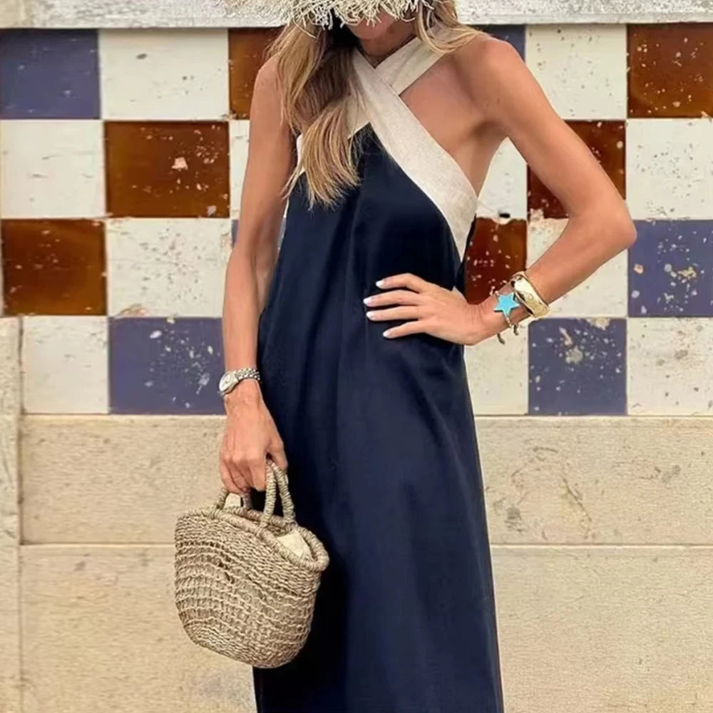 Robe Maxi Rétro Sans Manches, Décontractée Été, Style Vintage Halter pour Femmes
