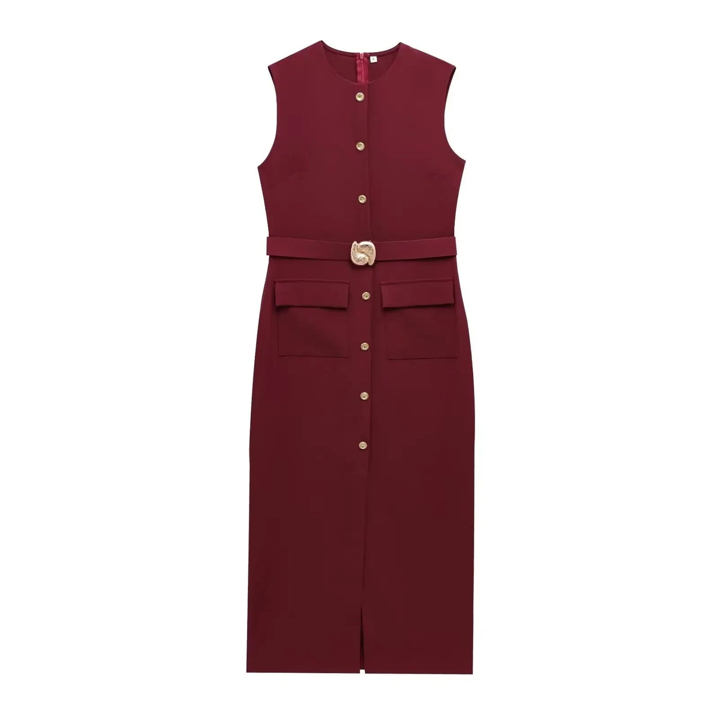 Robe Mi-Longue Sans Manches, Chic Bureau, Boutonnée avec Ceinture, Élégante & Décontractée