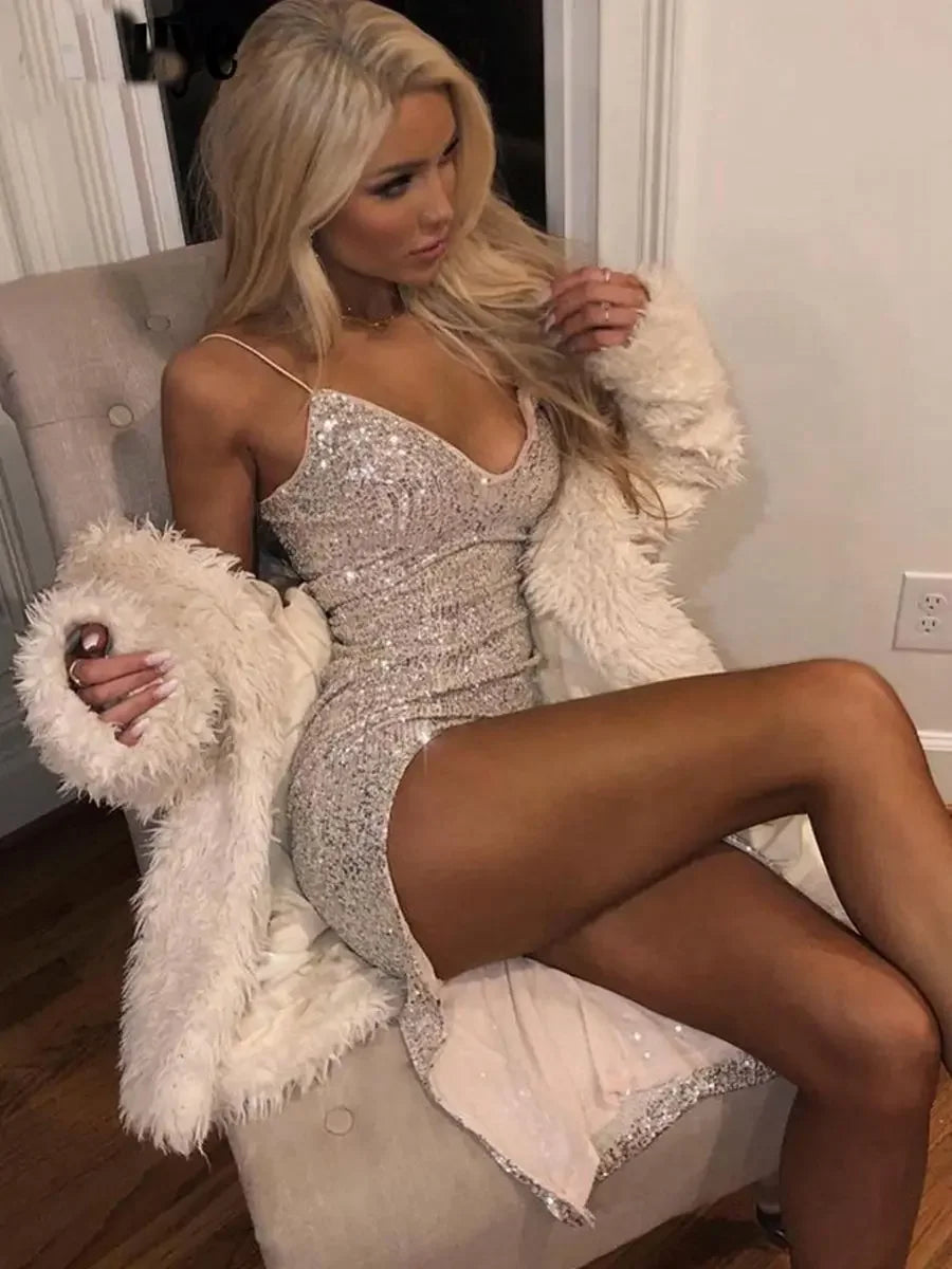 Robe Sexy  Paillettes Argent Col V Profond