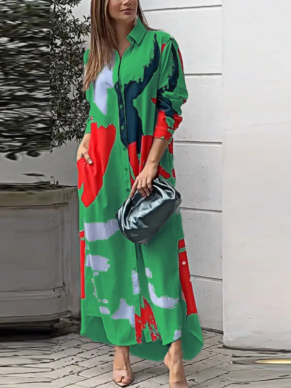 Robe Irrégulière Imprimé Avec Poche Longue Chemise À Poitrine Simple