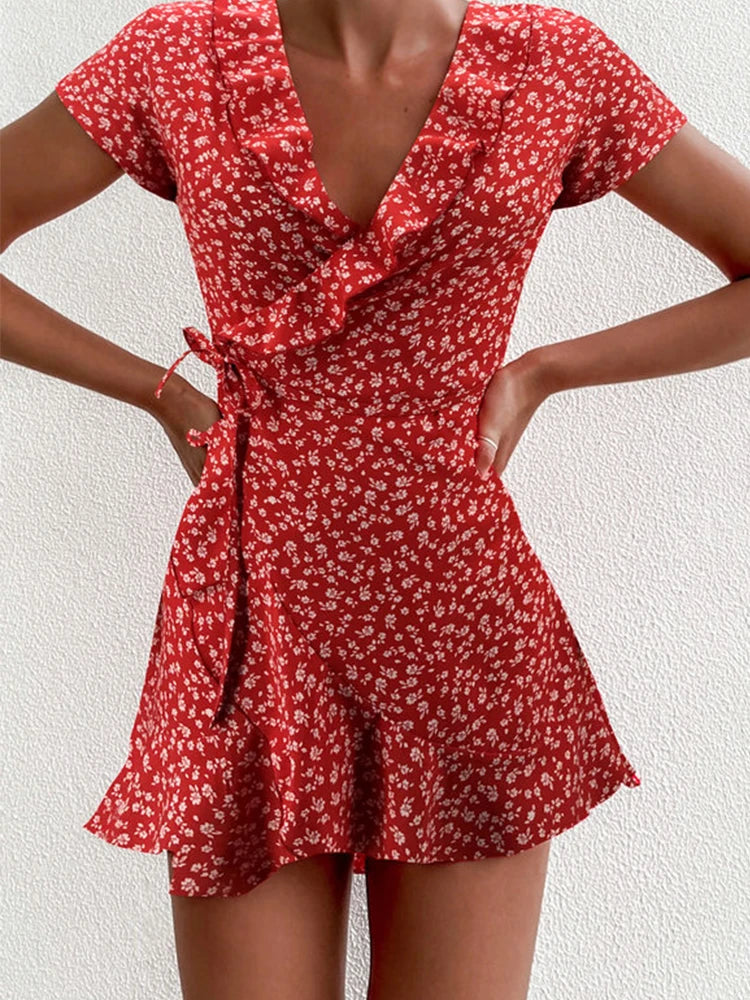 Robe Courte à Fleurs – Trapèze Flottante Été, Col V, Volants Élégants, Bretelles, Chic