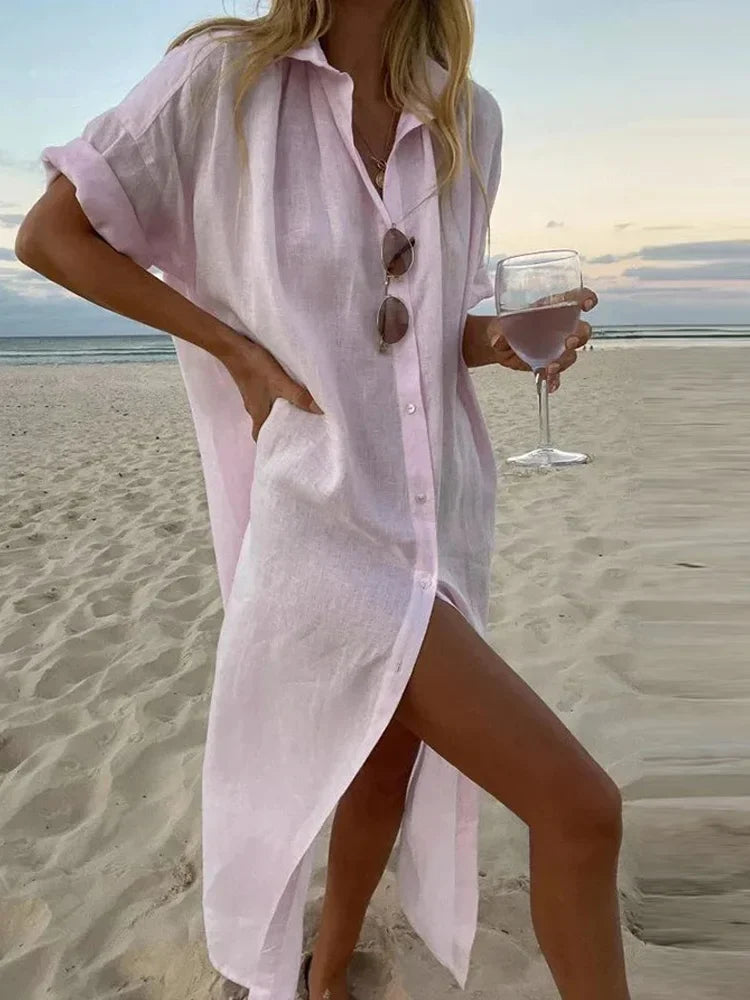 Robe Chemise Mi-Longue en Coton & Lin