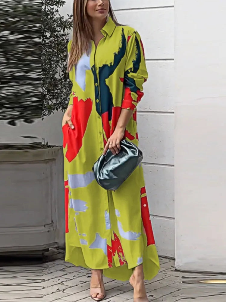Robe Irrégulière Imprimé Avec Poche Longue Chemise À Poitrine Simple