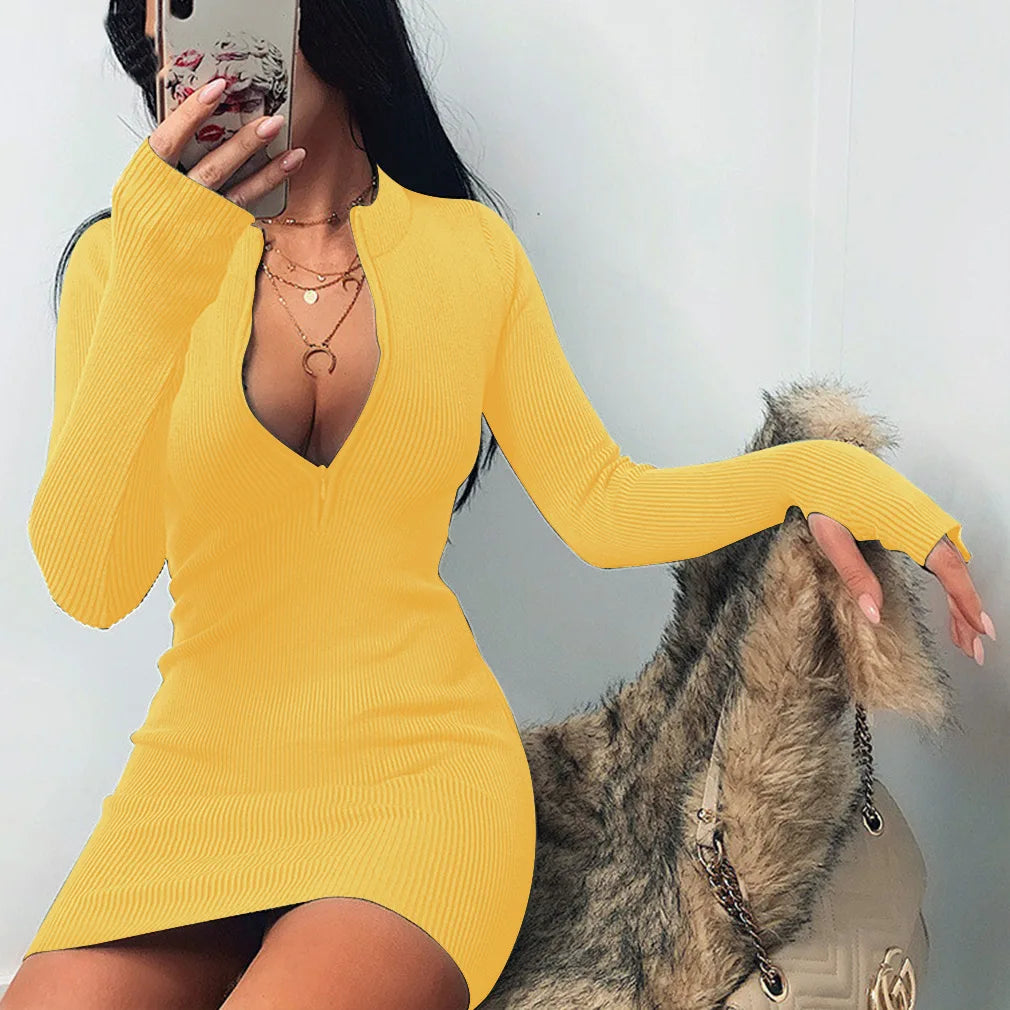 Robe Moulante Tricotée – Demi Fermeture Éclair, Manches Longues Printemps Automne